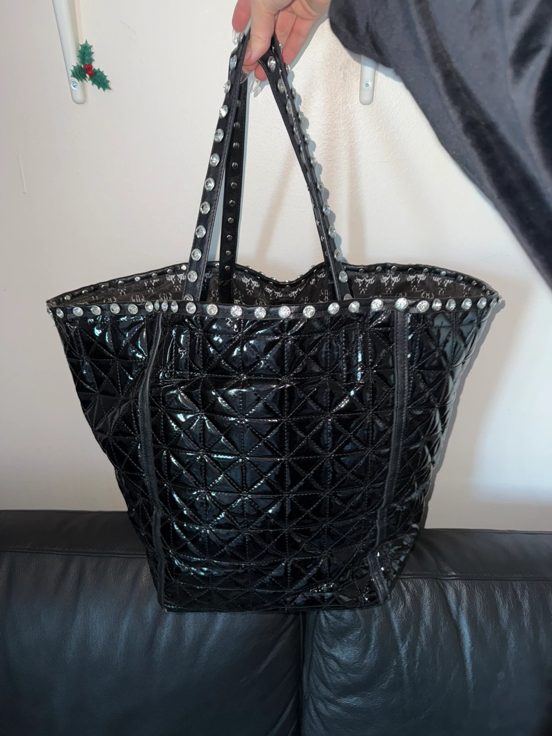 Black Quilted Tote Bag with Studs