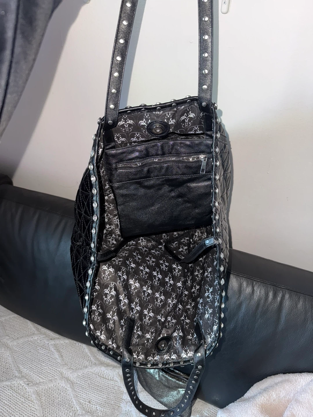 Black Quilted Tote Bag with Studs - photo 3