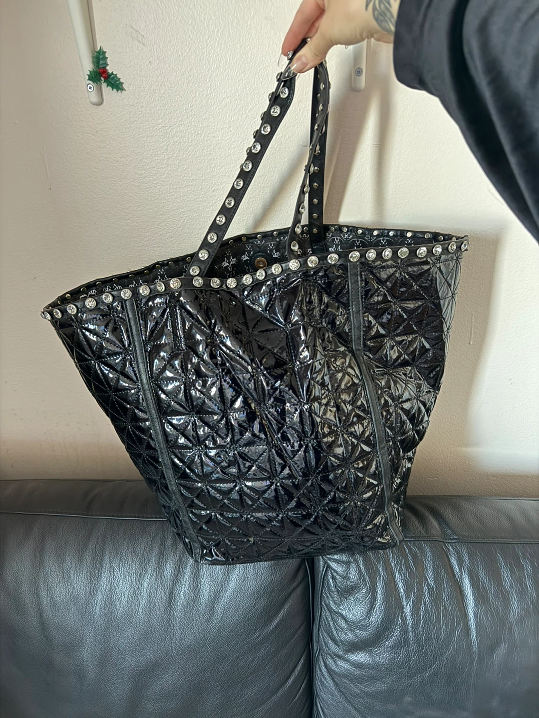 Black Quilted Tote Bag with Studs - photo 2