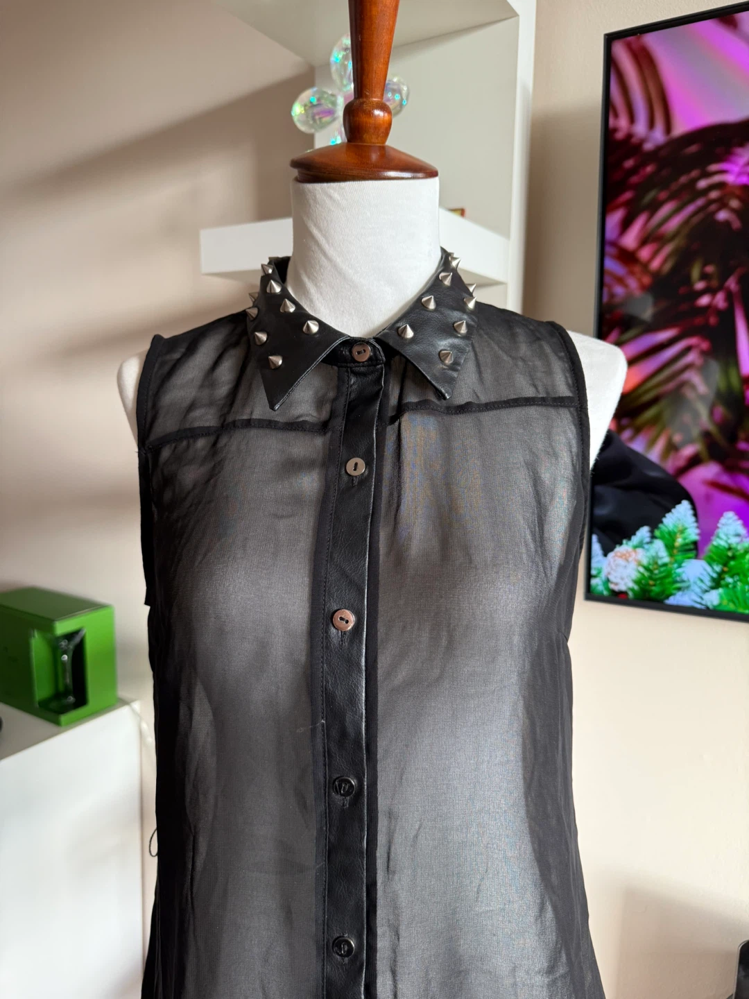 Black Sheer Sleeveless Top with Studded Collar - photo 2