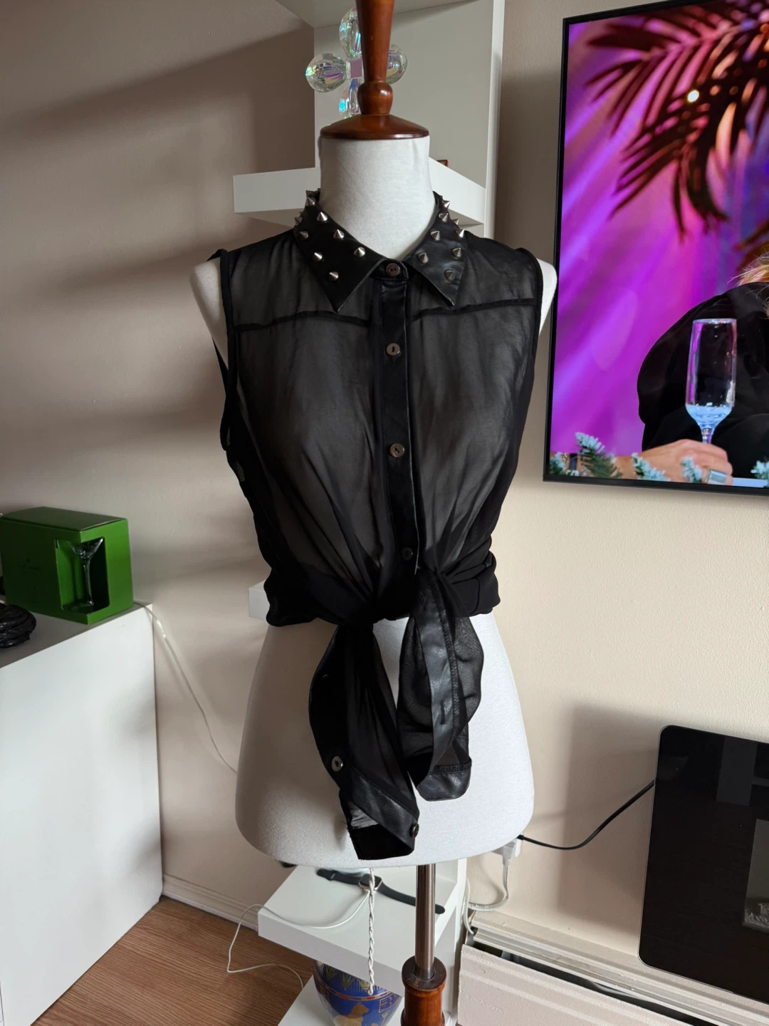Black Sheer Sleeveless Top with Studded Collar