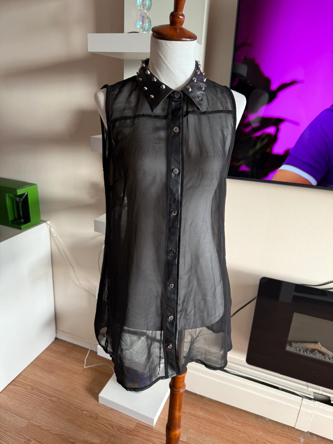 Black Sheer Sleeveless Top with Studded Collar - photo 3