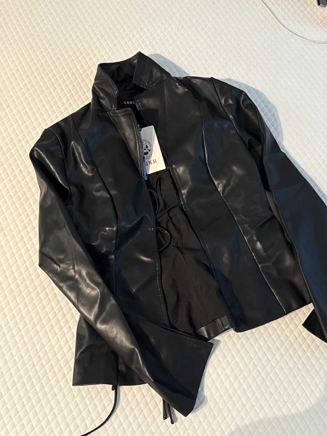 Cider Black Faux Leather Tie Front Blazer - photo 4