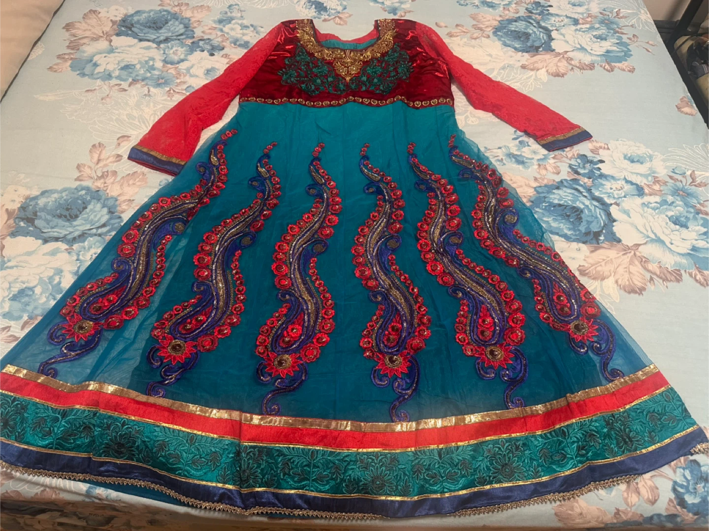 Embroidered Anarkali Dress - Red & Blue - photo 4