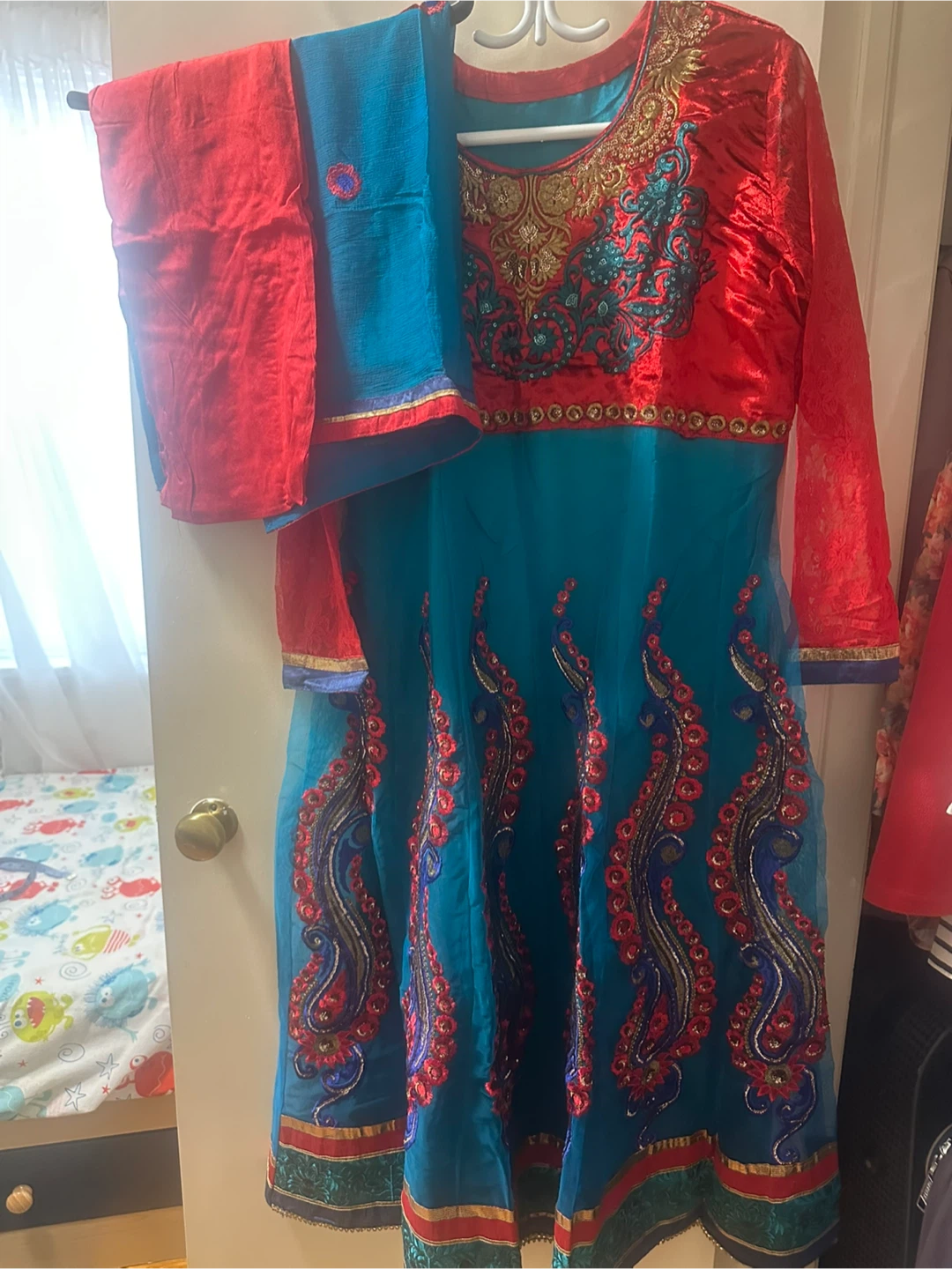 Embroidered Anarkali Dress - Red & Blue