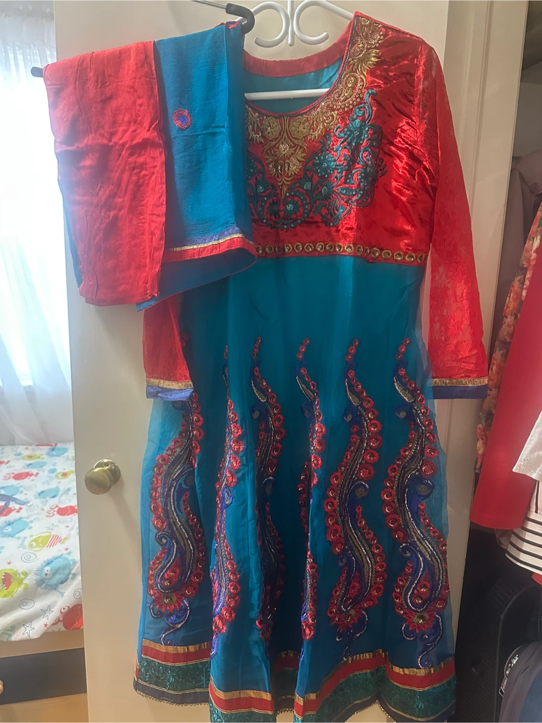 Embroidered Anarkali Dress - Red & Blue - photo 2
