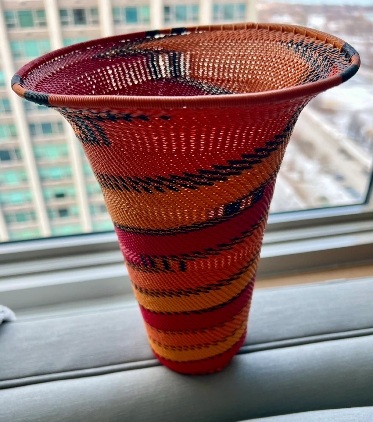 Handwoven Vase - Red, Orange, Black - 9" Tall