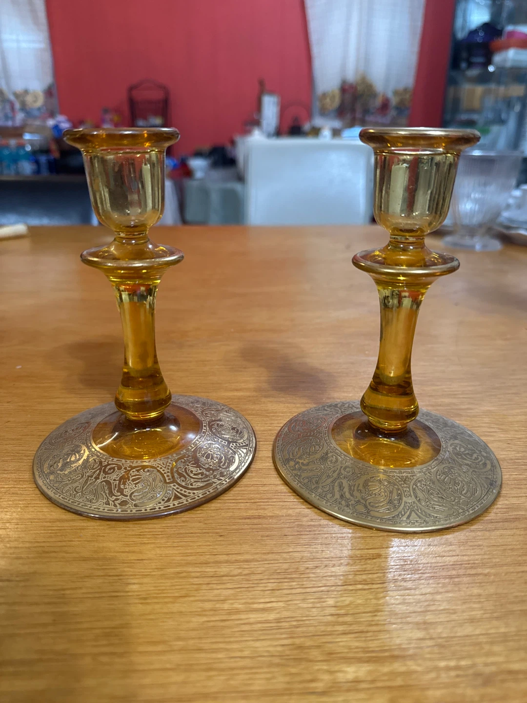 Amber Glass Candlestick Holders - Pair 🥕