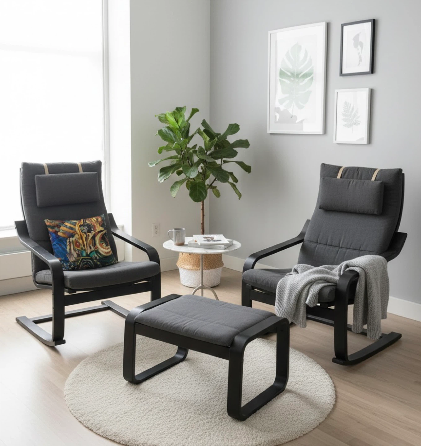IKEA Poang Chairs with Ottoman - Grey