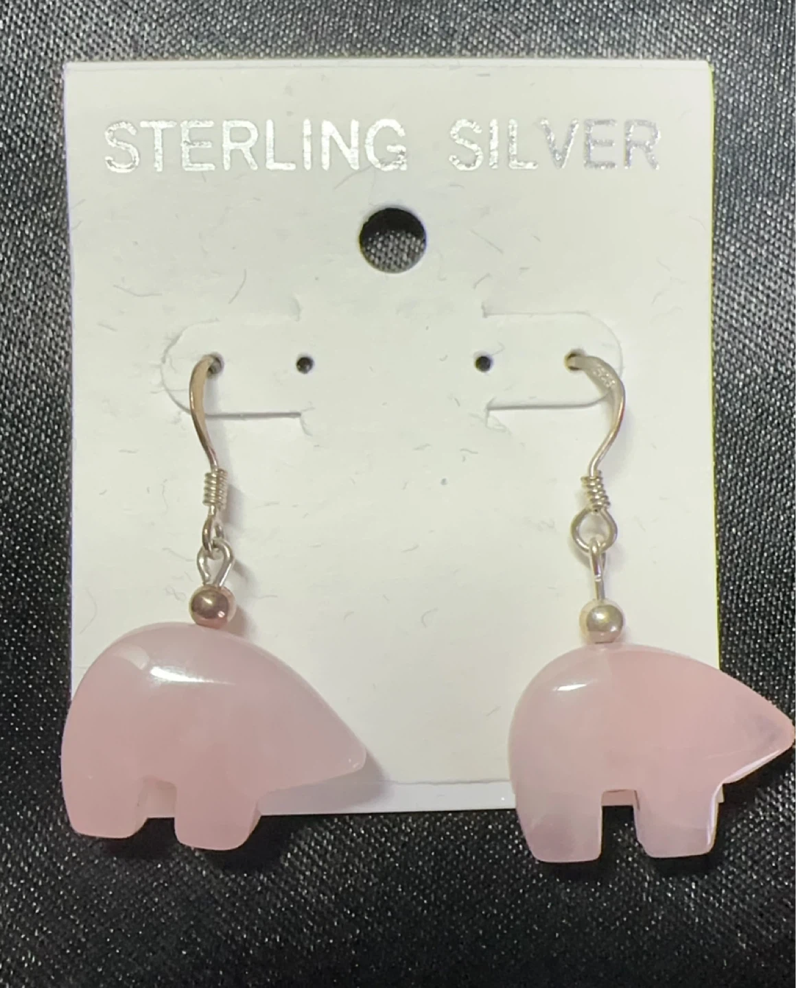 Sterling Silver Rose Quartz Fetish Animal Zuni Bear Earrings