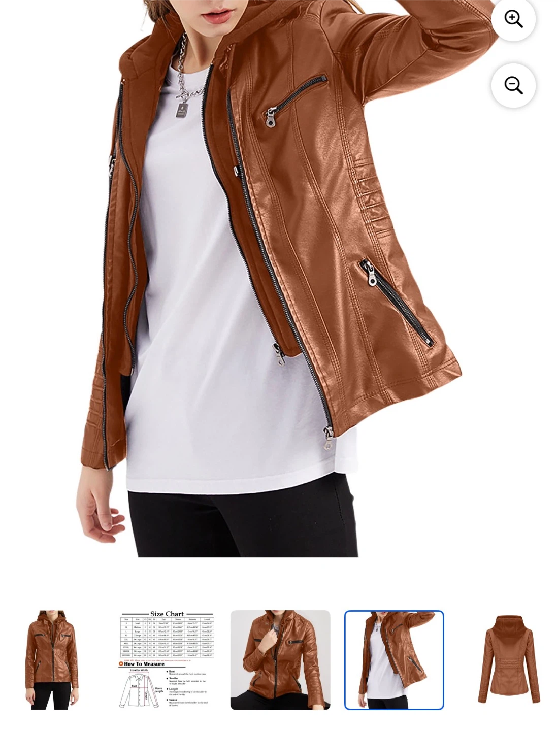 Brown Faux Leather Hooded Jacket - Size Medium - photo 2