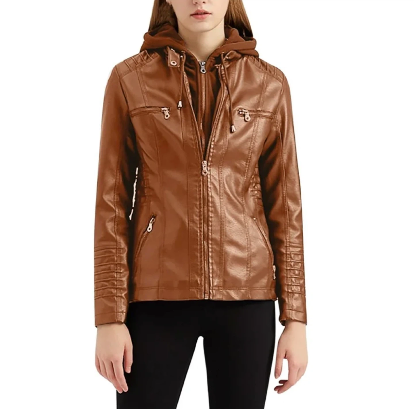 Brown Faux Leather Hooded Jacket - Size Medium