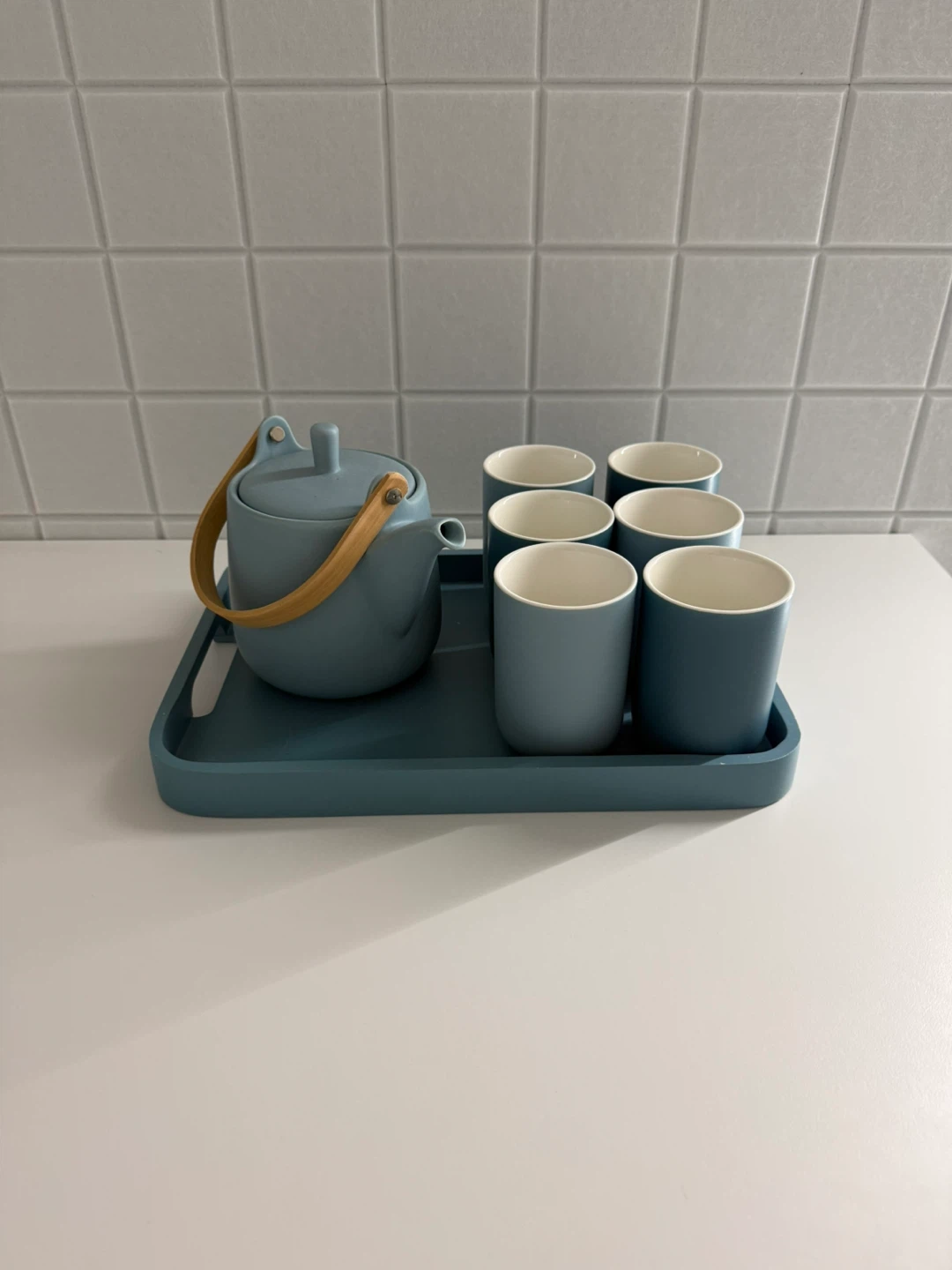 Japanese Style Blue Ceramic Tea Set with Tray