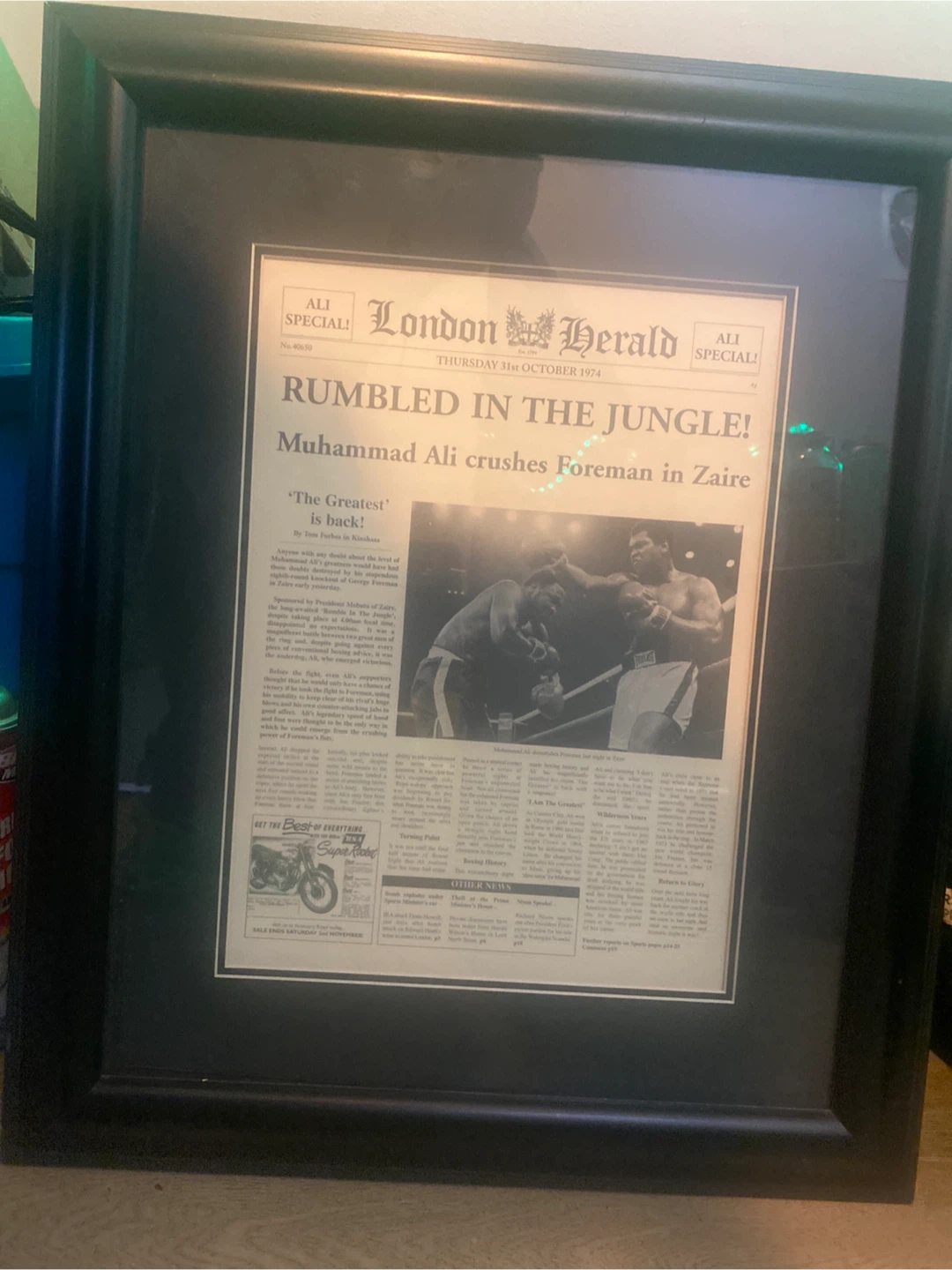 Framed Muhammad Ali vs Foreman Newspaper