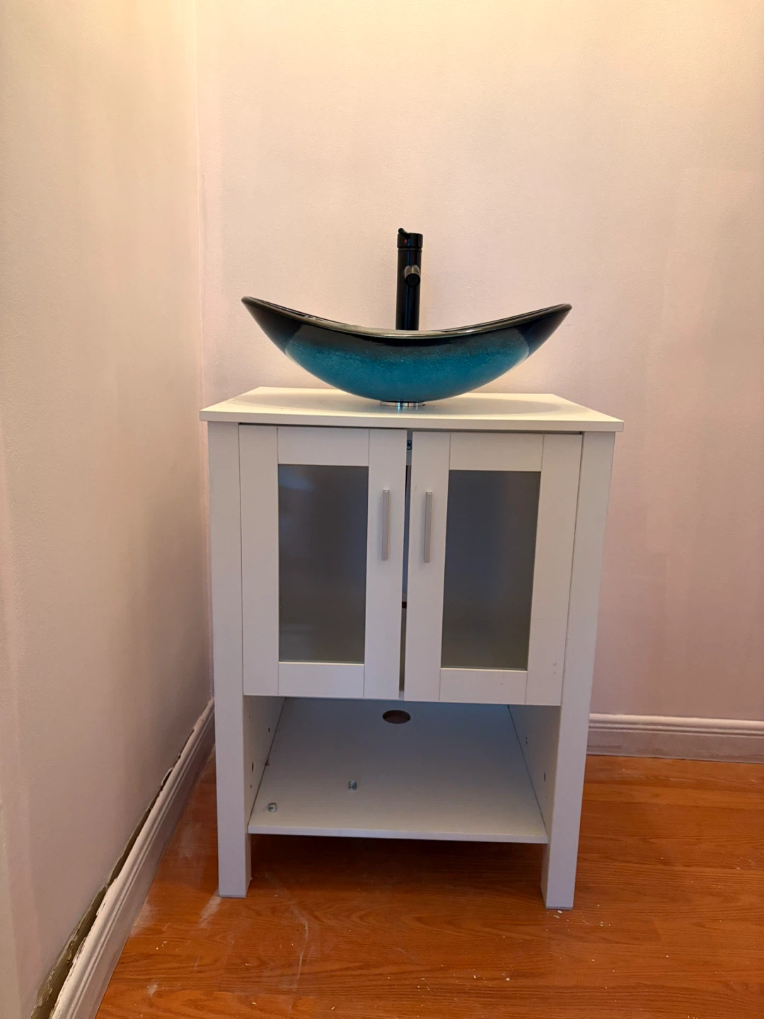 Bathroom Vanity with Blue Glass Vessel Sink