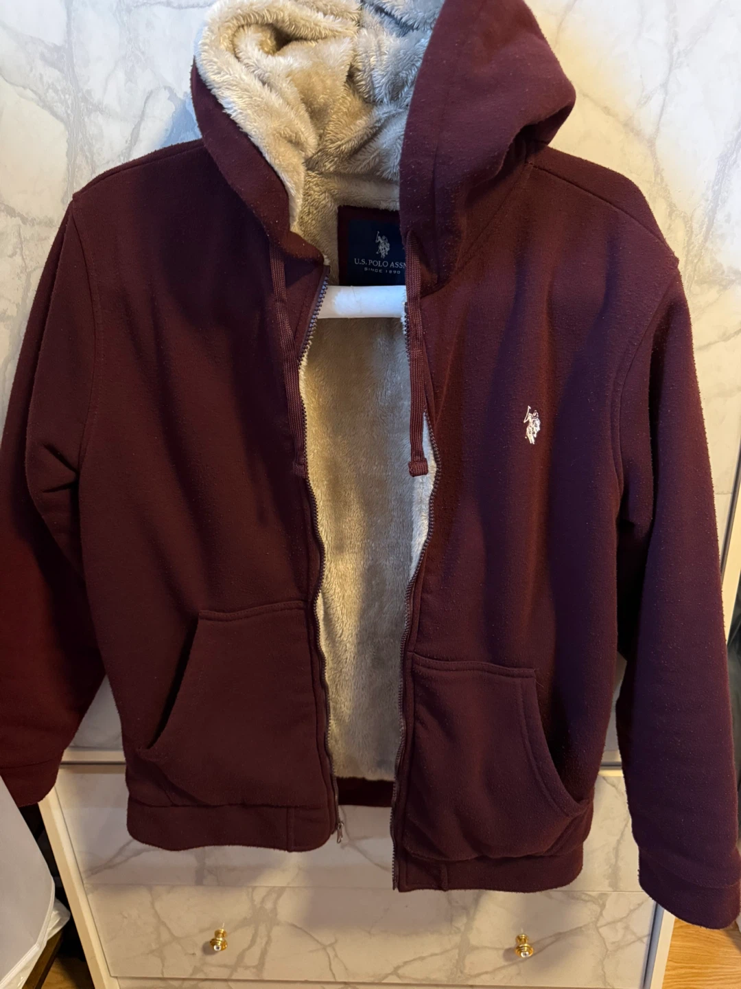 Men U.S. Polo Assn. Burgundy Fur-Lined Hoodie - M