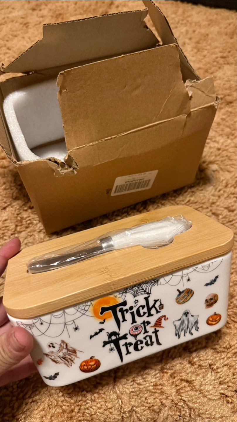 New Halloween Trick or Treat Ceramic Butter Dish w/ Lid - photo 3