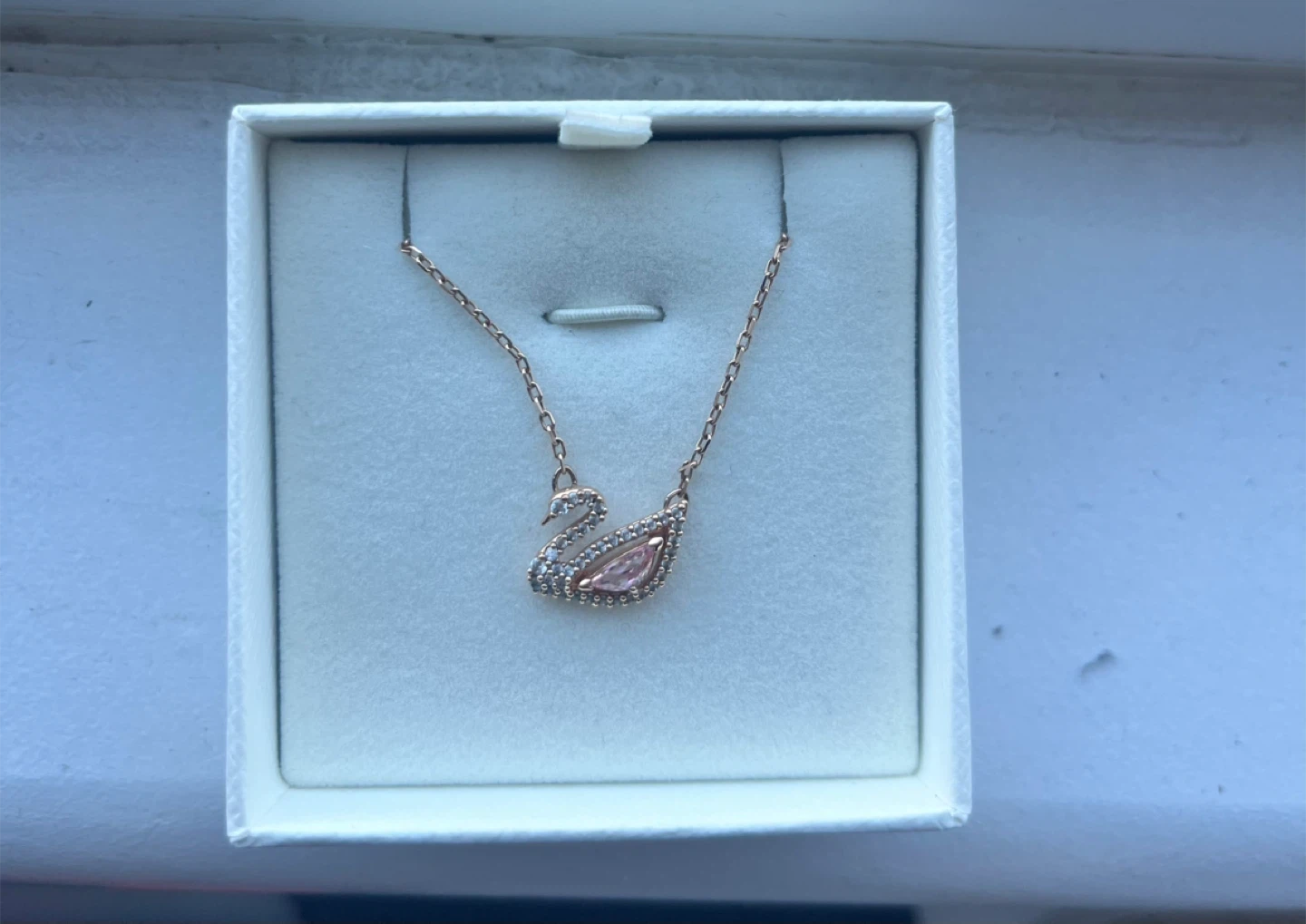 Swarovski Swan Necklace, Rose Gold with the box and packaging