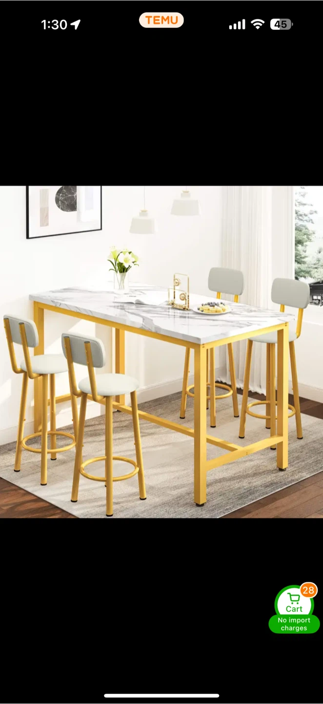 Gold & Marble Dining Table with 4 Stools - photo 2
