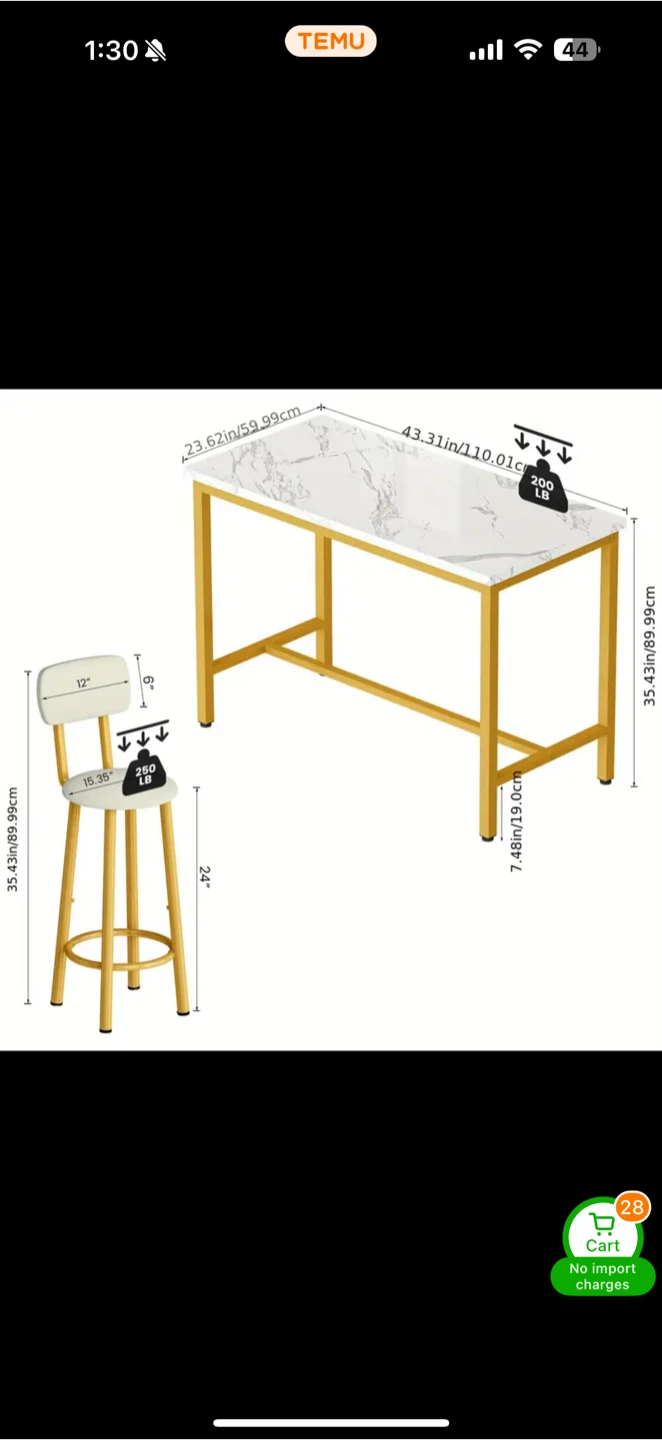 Gold & Marble Dining Table with 4 Stools - photo 4