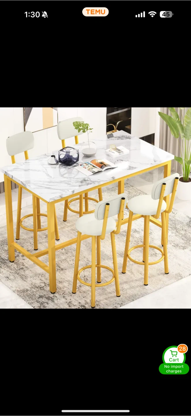 Gold & Marble Dining Table with 4 Stools