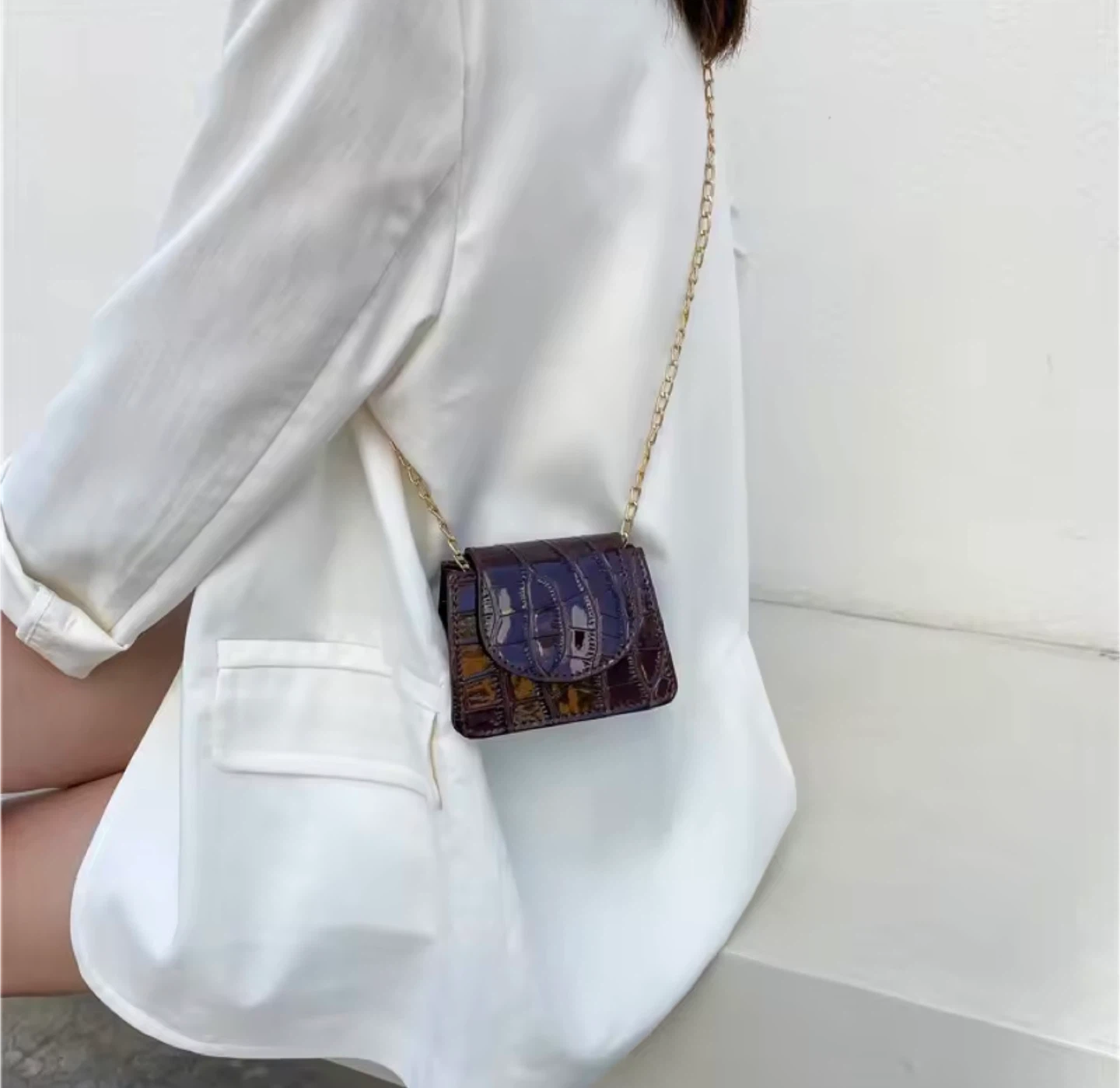 Brown Croc Embossed Mini Chain Bag