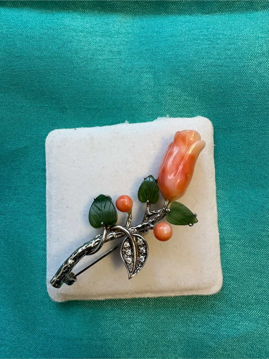 Vintage silver stamped coral Rose Brooch