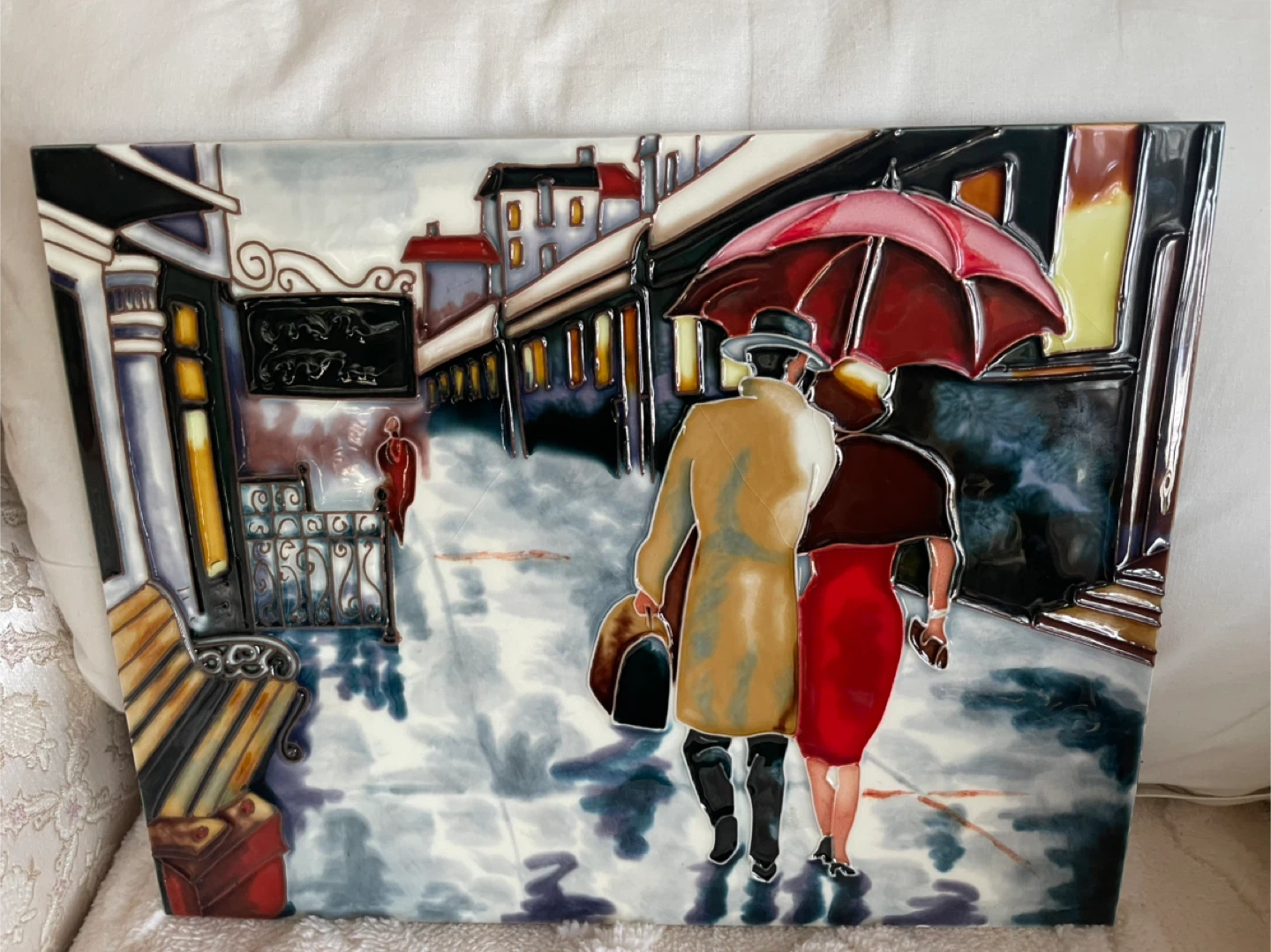 Vintage Tile Art - Couple in the Rain