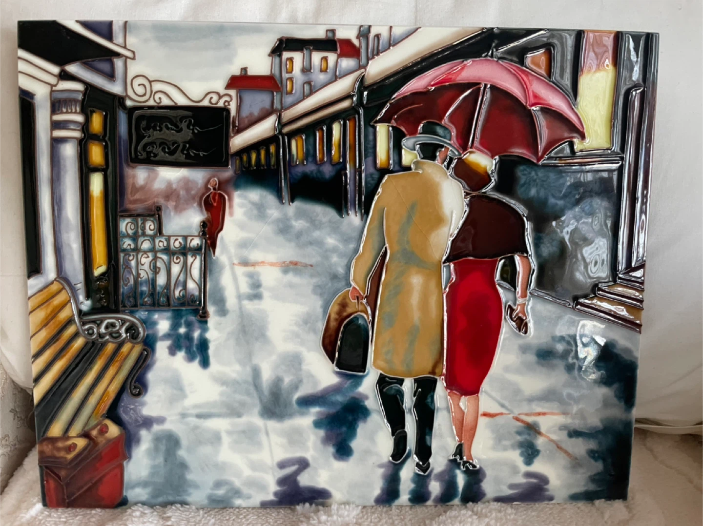 Vintage Tile Art - Couple in the Rain - photo 2