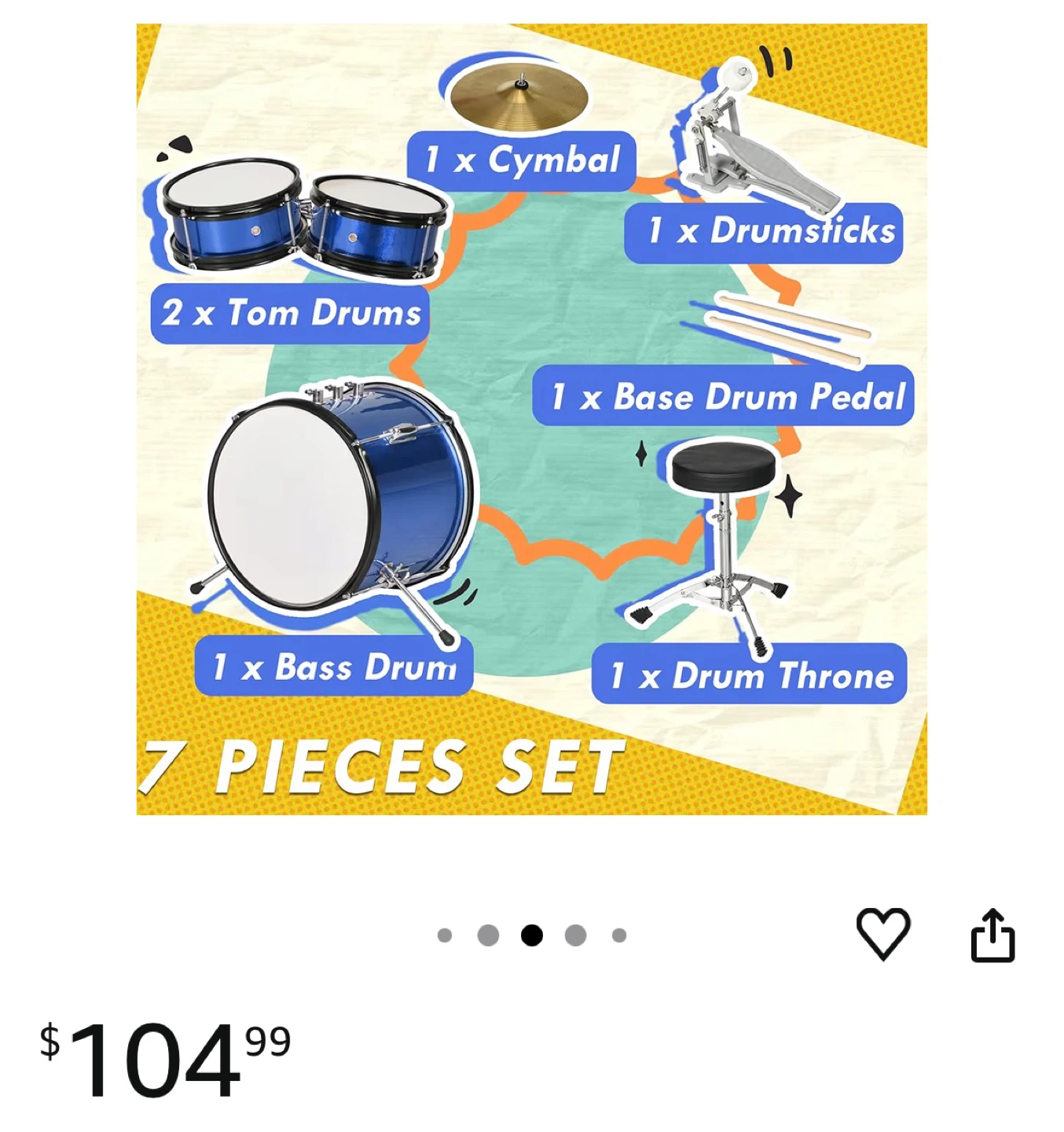 Kids Drum Set - Blue, 7 Pieces - photo 2