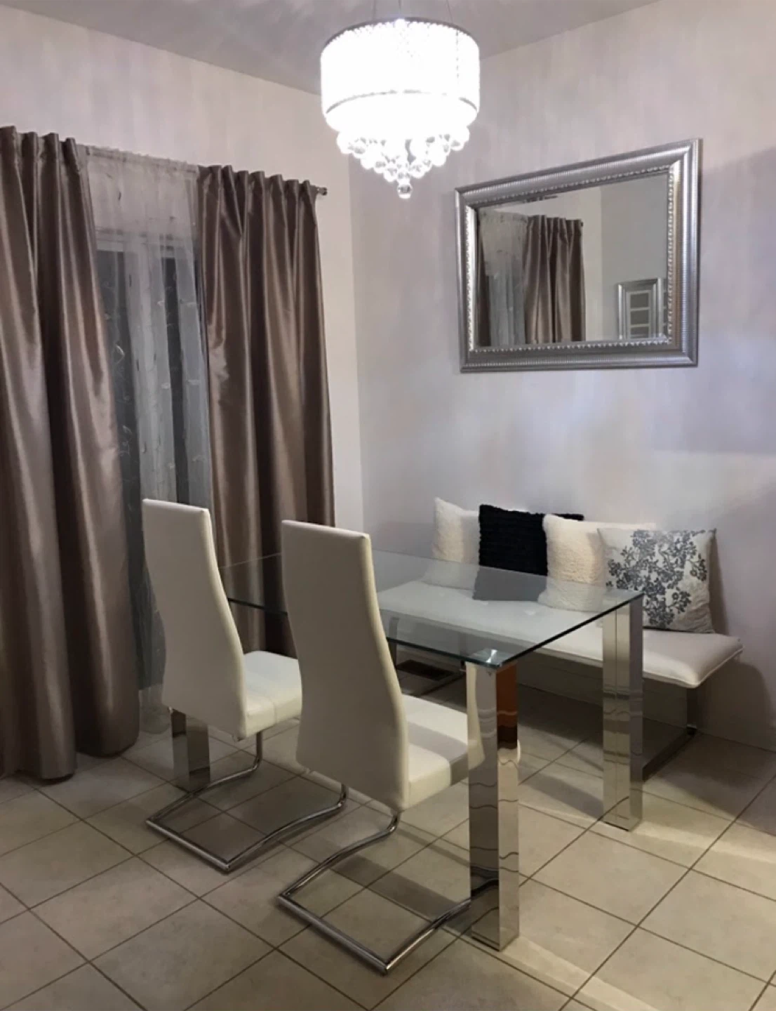 White glass table with 2 dinning chairs and bench