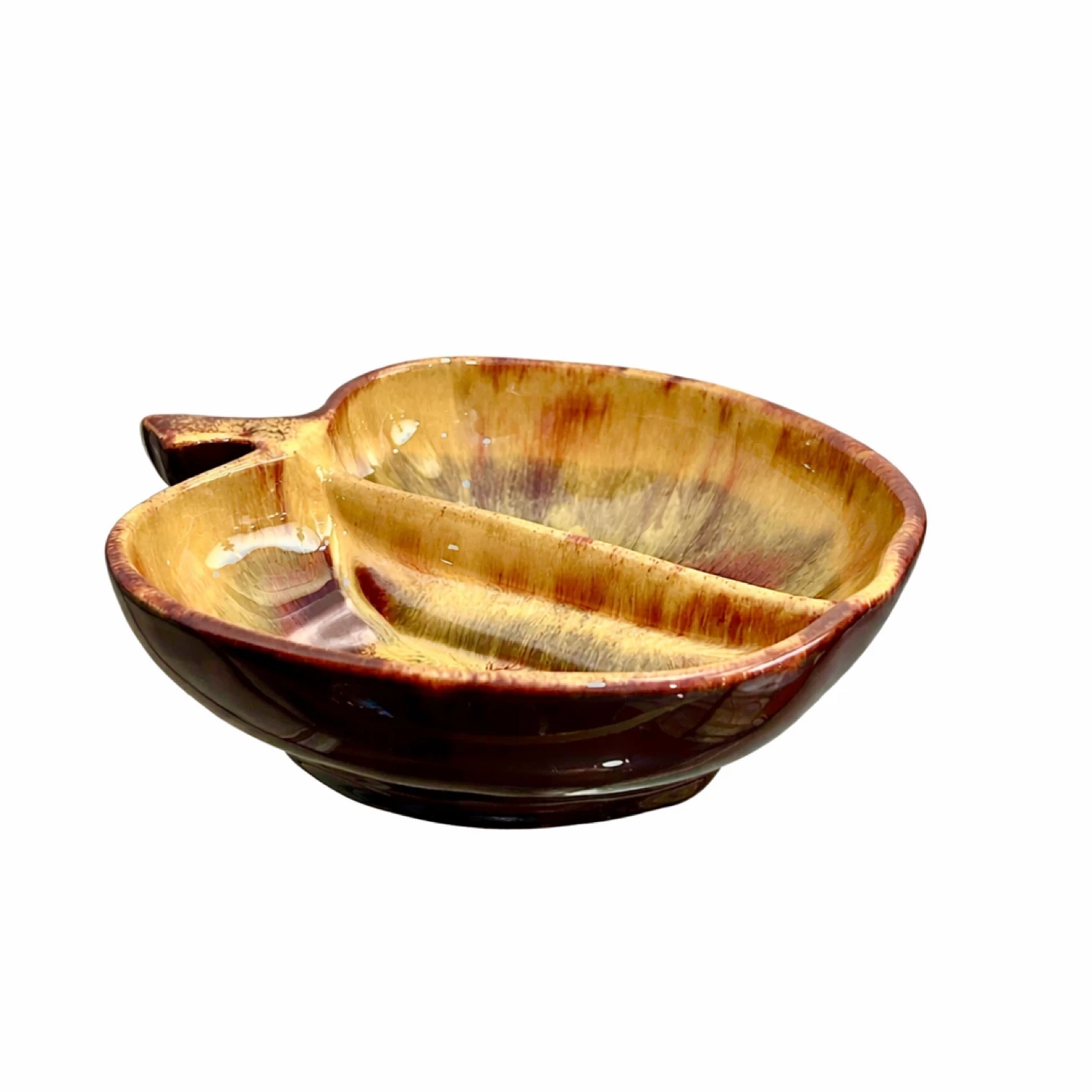 Mid-Century Apple Divided Dish, Drip Glaze Studio Pottery
