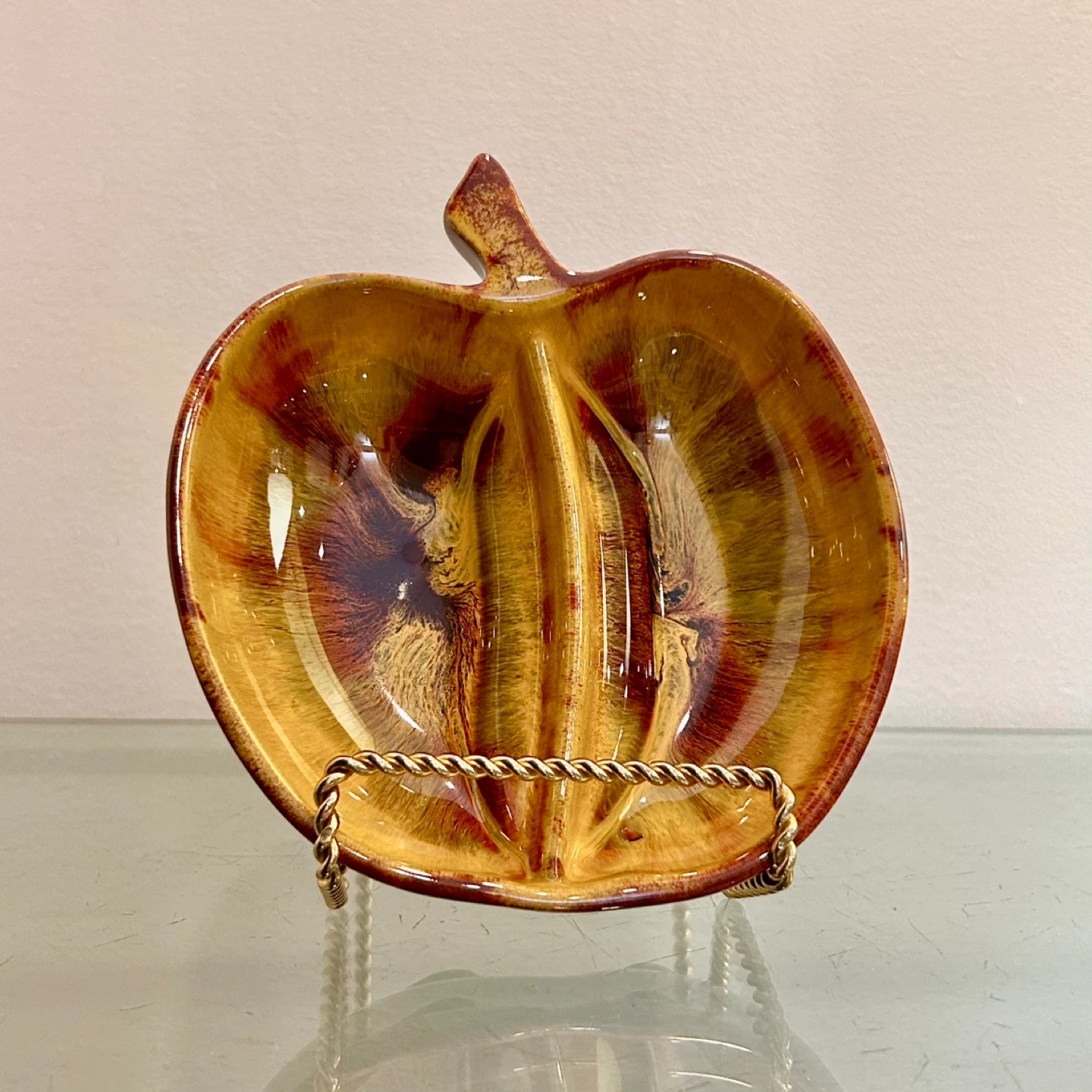 Mid-Century Apple Divided Dish, Drip Glaze Studio Pottery - photo 2