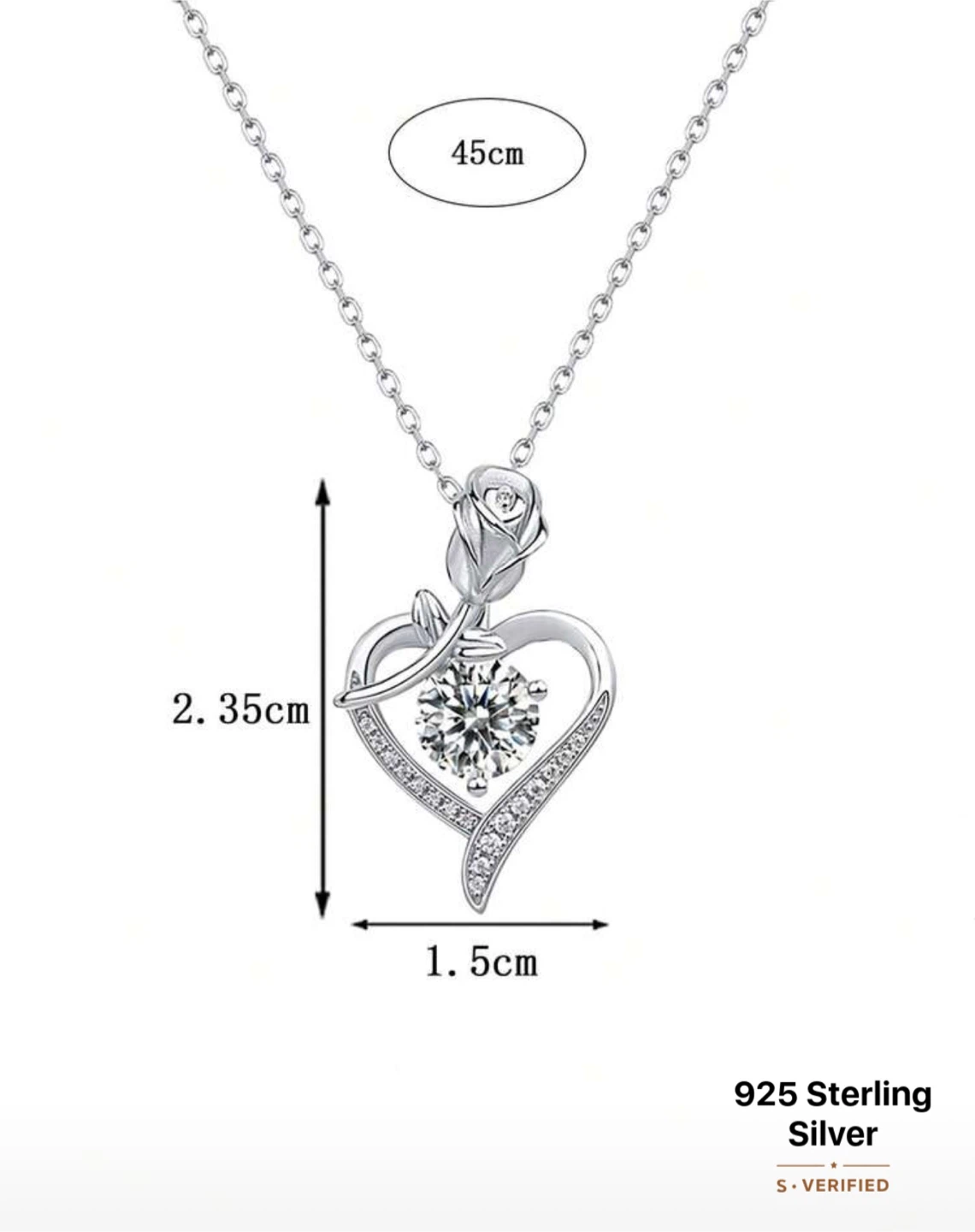 925 Sterling Silver Moissanite Heart Rose Necklace - photo 2