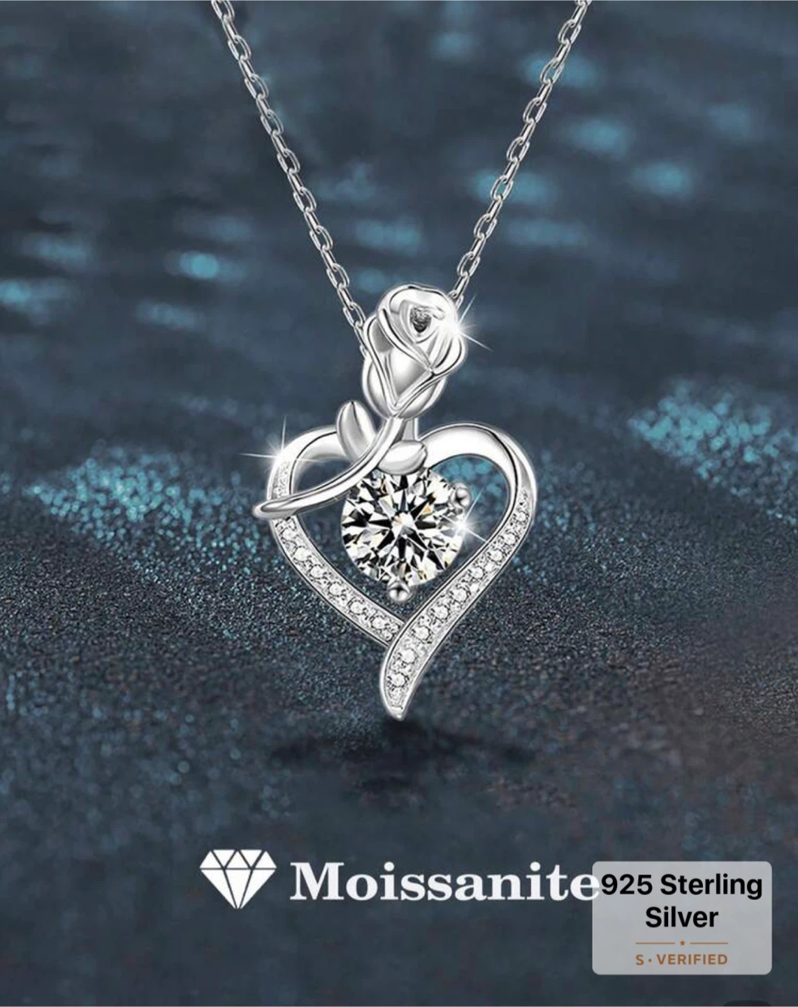 925 Sterling Silver Moissanite Heart Rose Necklace