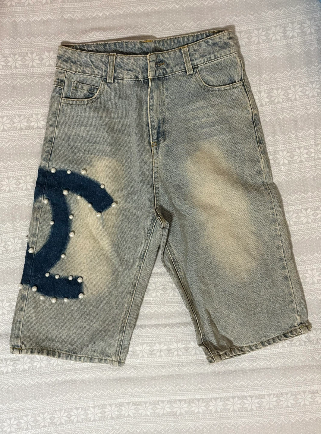 Denim Jean Shorts with Pearl Detail