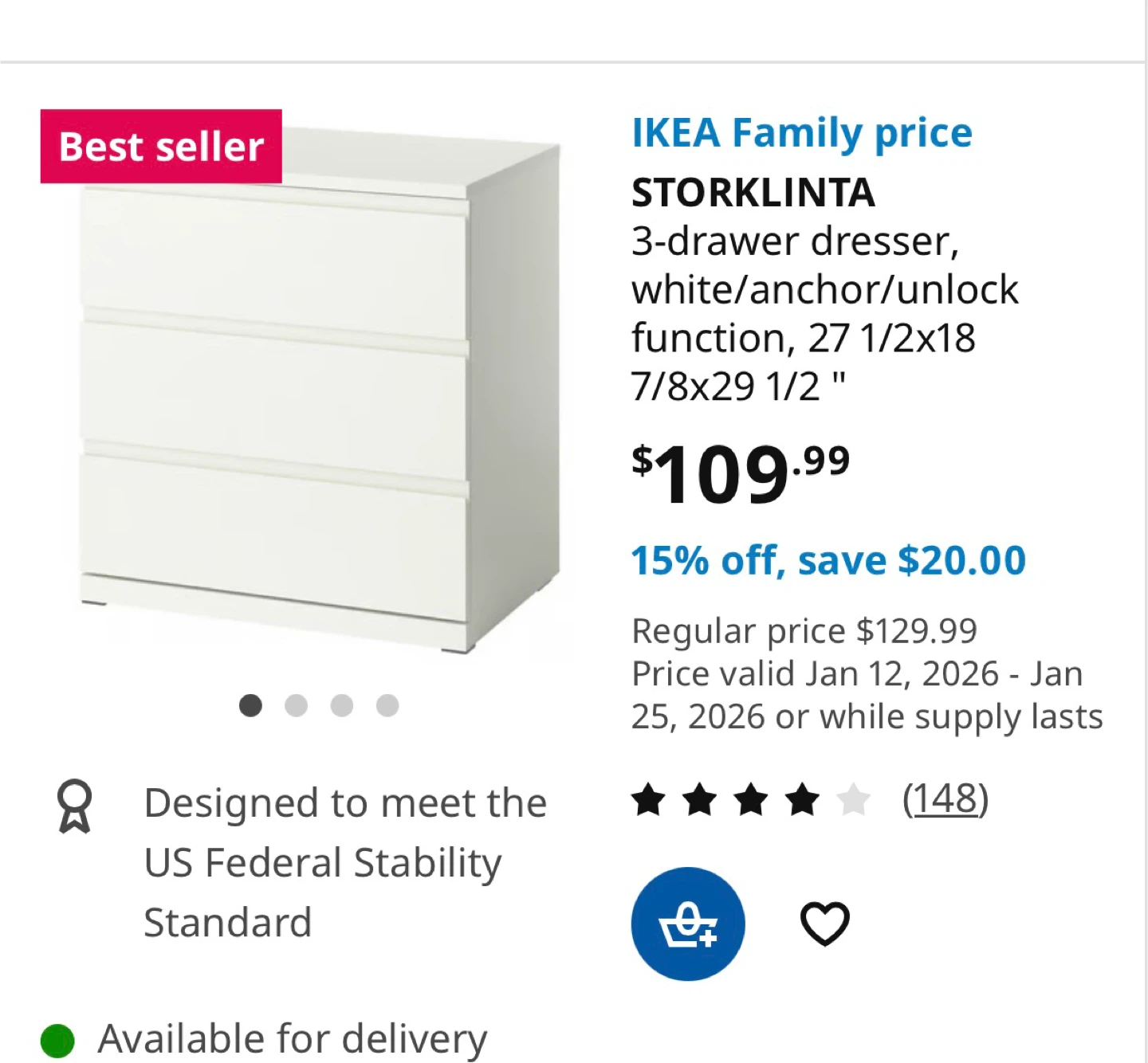 IKEA STORLINTA 3-Drawer Dresser