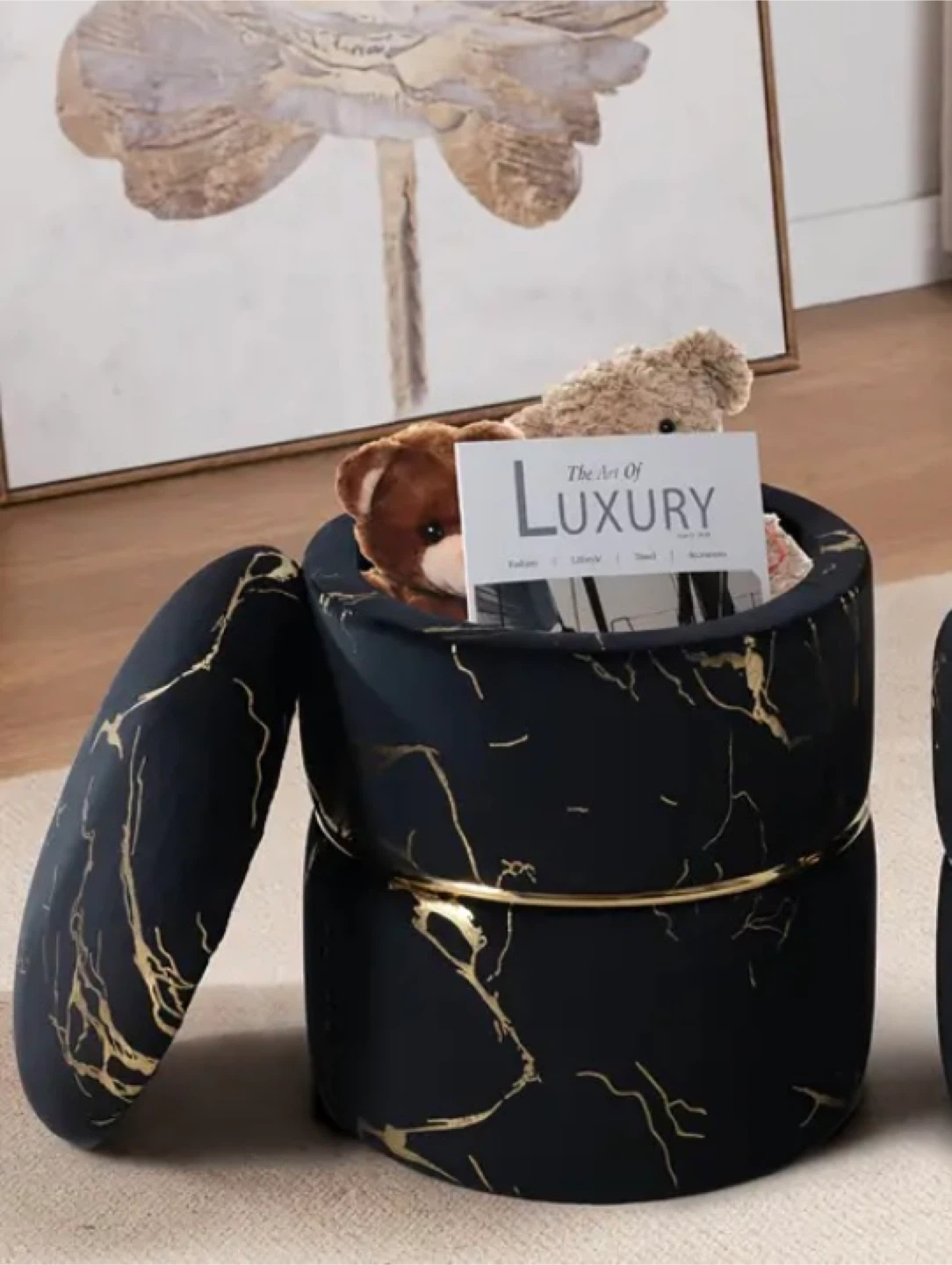 Black & Gold Marble Ottoman with Storage - photo 4