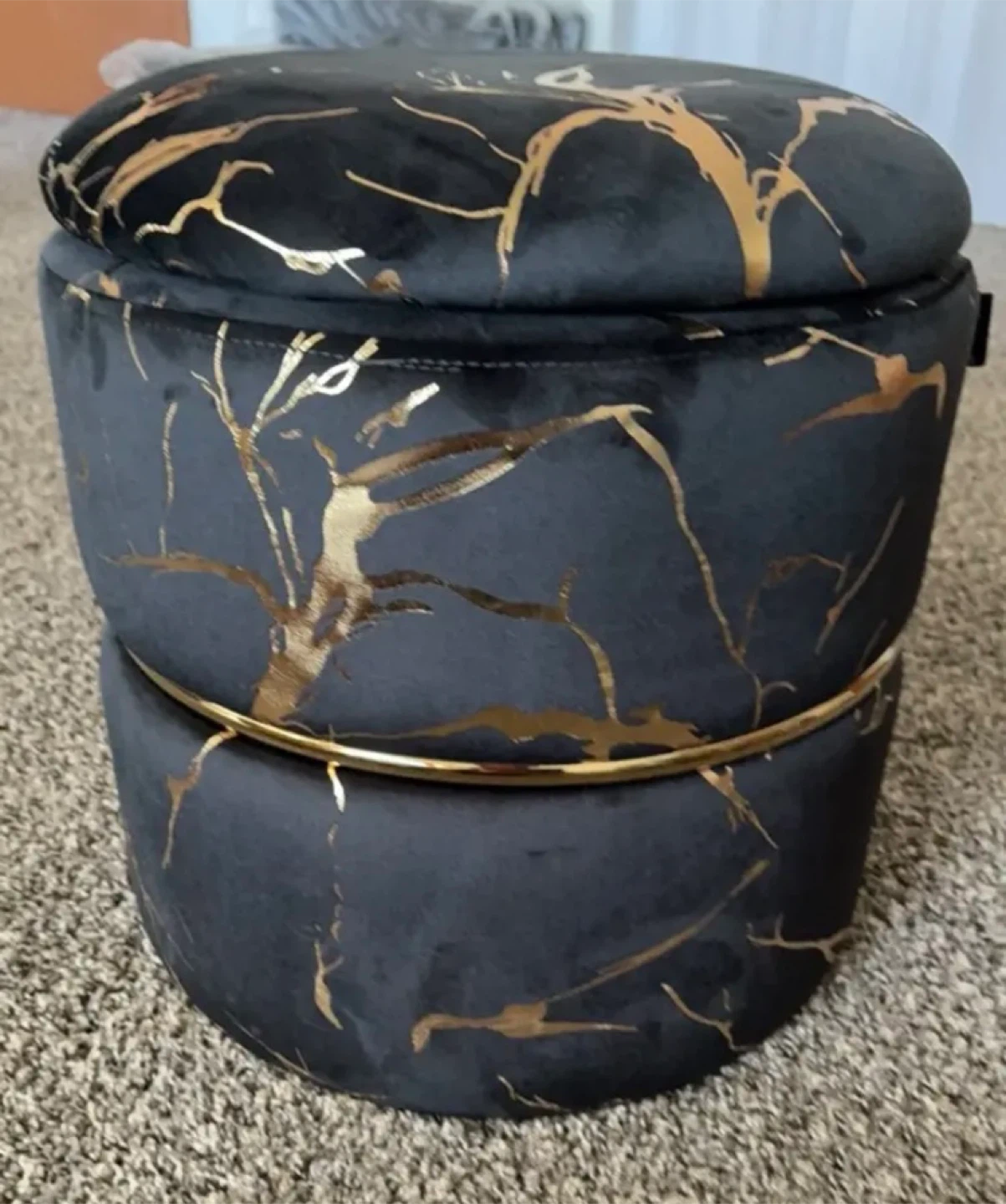 Black & Gold Marble Ottoman with Storage