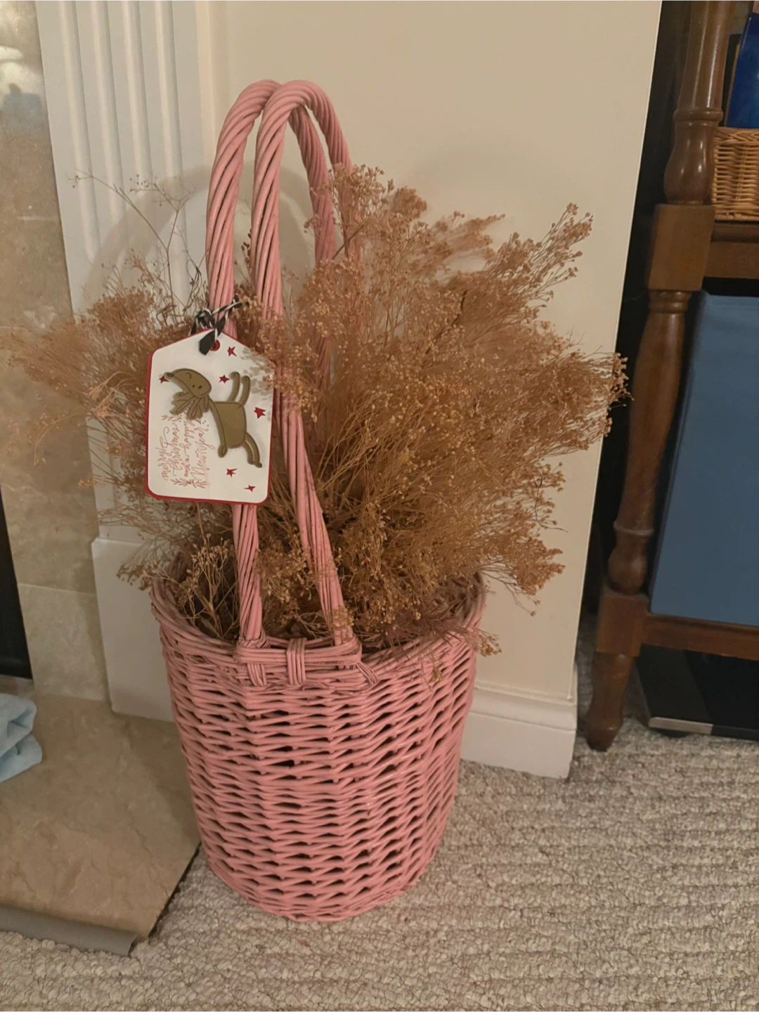 Pink Wicker Basket with Dried Flowers