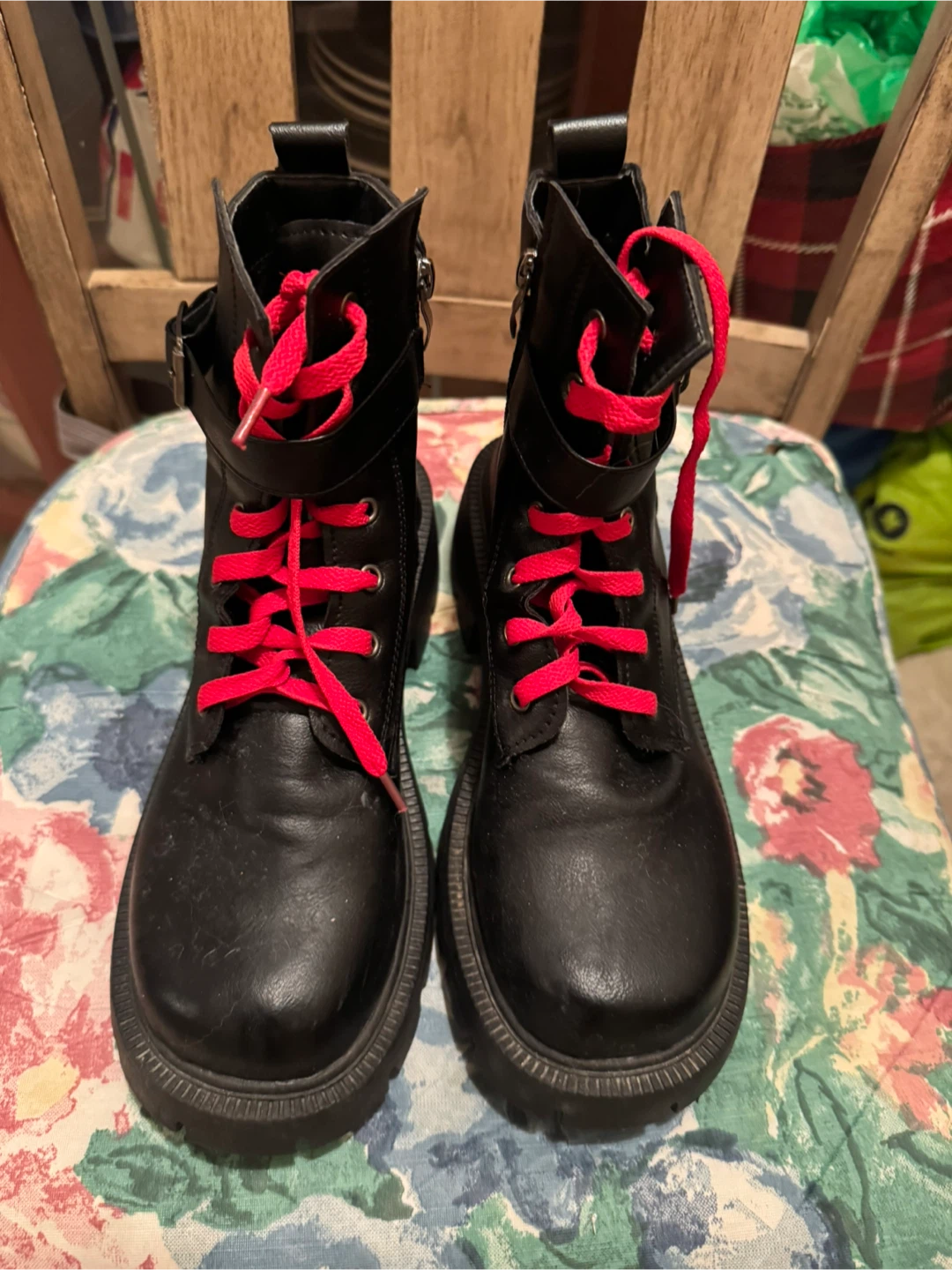 Women’s Black Ankle Boots with Red Laces, Size 8 US. - photo 2