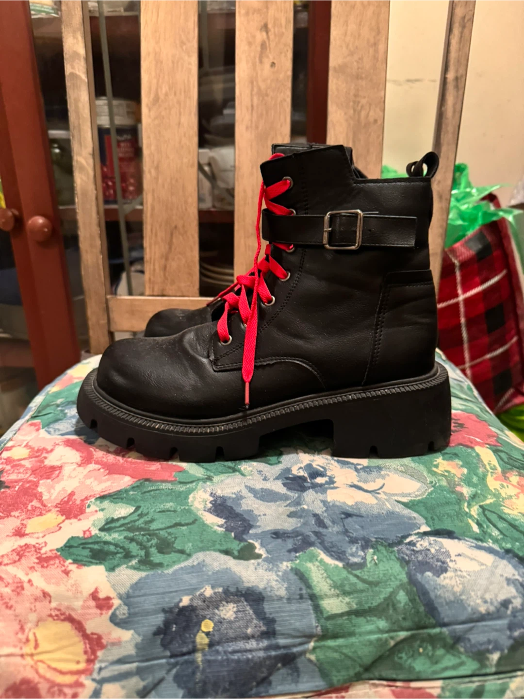 Women’s Black Ankle Boots with Red Laces, Size 8 US. - photo 4