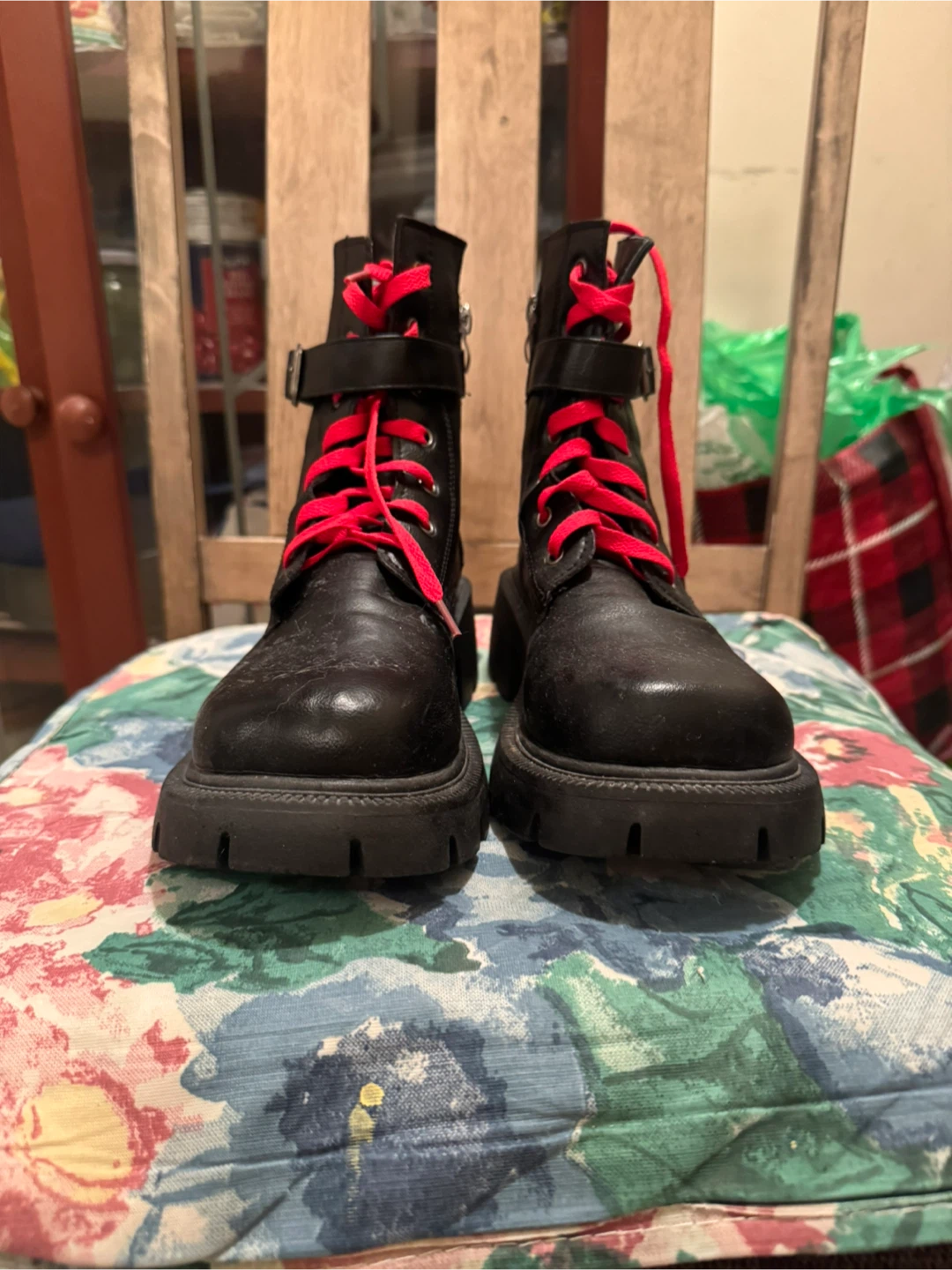 Women’s Black Ankle Boots with Red Laces, Size 8 US.