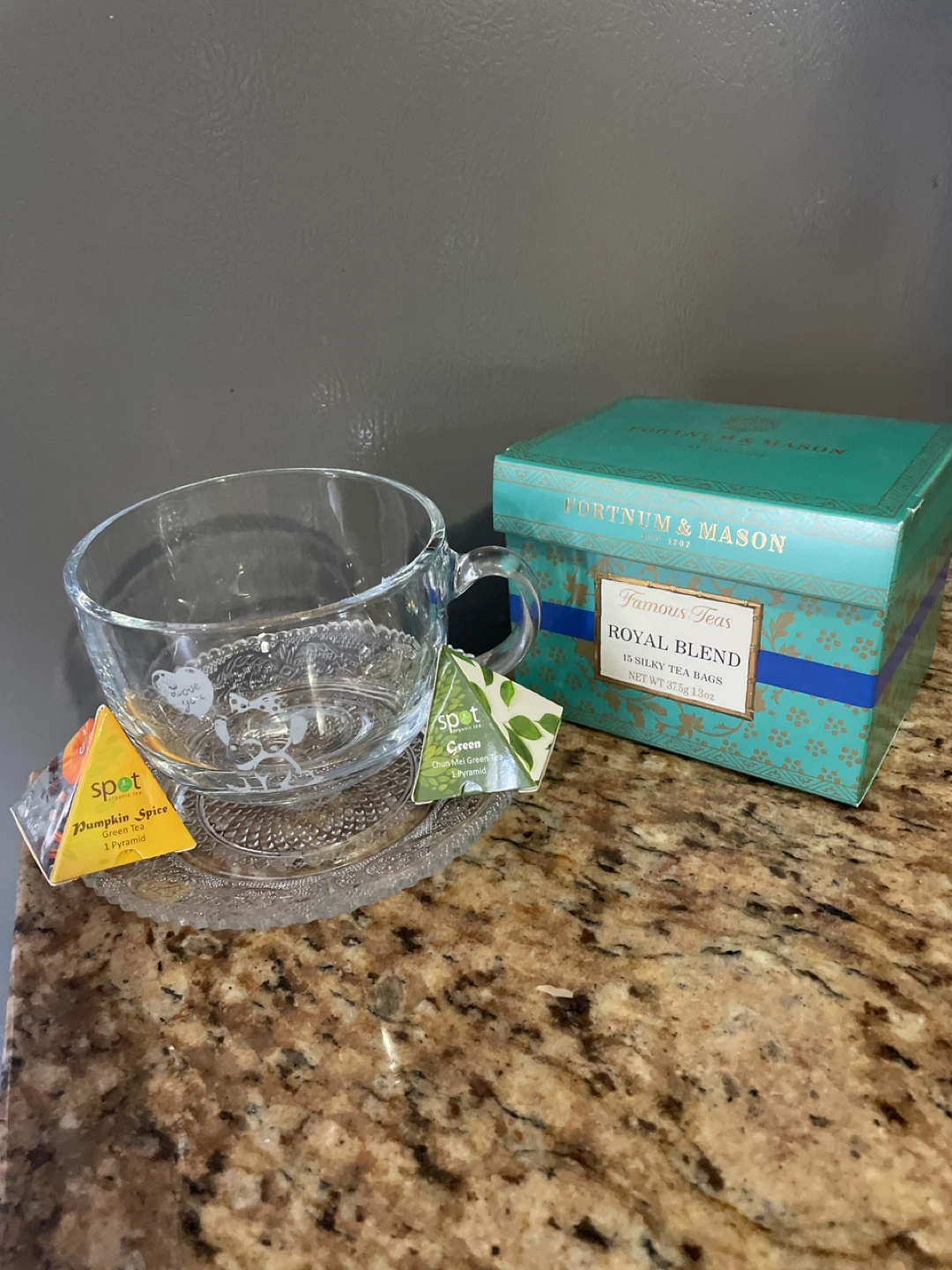 Brand new Royal Blend Tea with glass cup