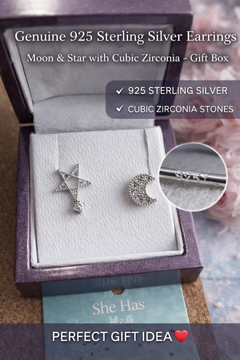 She Has Sterling Silver Moon & Star Earrings