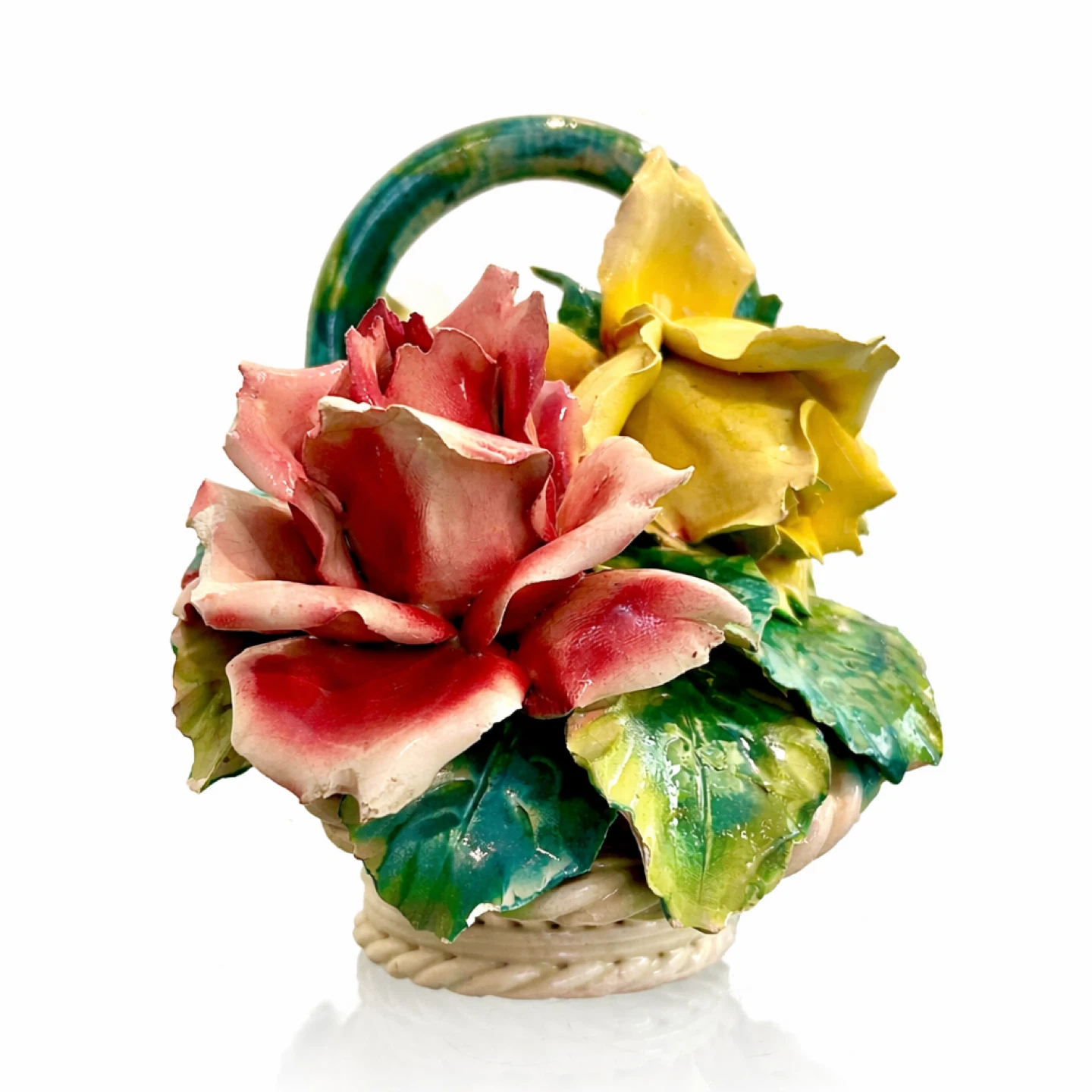 Italian Hand-Painted Porcelain Rose Basket, Marked Italy - photo 2