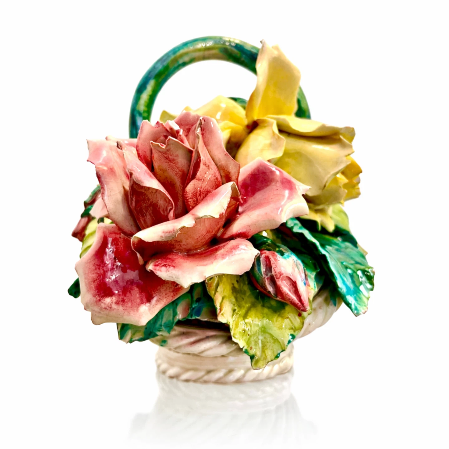 Italian Hand-Painted Porcelain Rose Basket, Marked Italy - photo 3