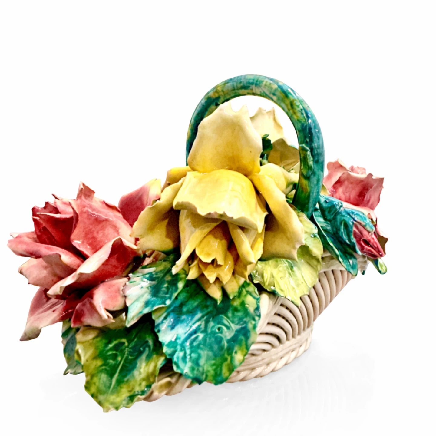 Italian Hand-Painted Porcelain Rose Basket, Marked Italy - photo 4