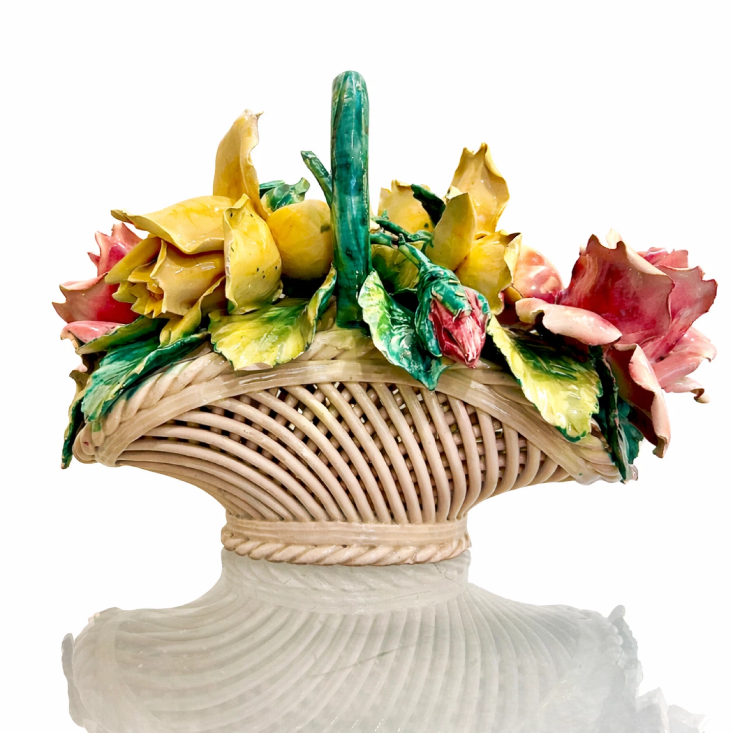 Italian Hand-Painted Porcelain Rose Basket, Marked Italy