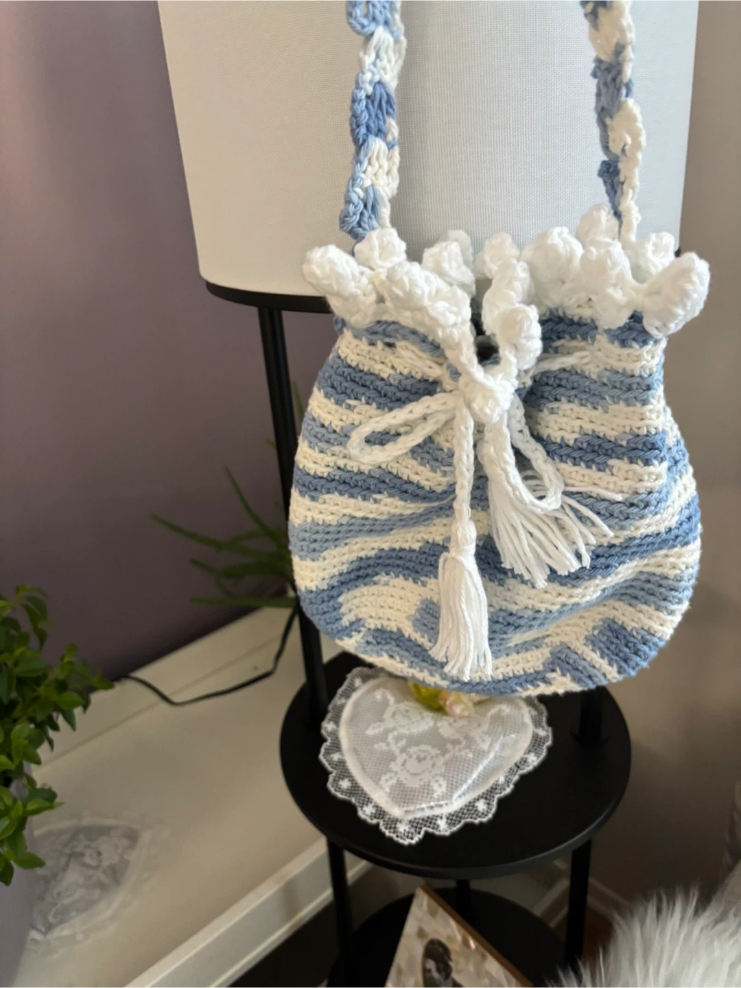 Handmade Crochet Drawstring Bag - Blue & White for girls - photo 3